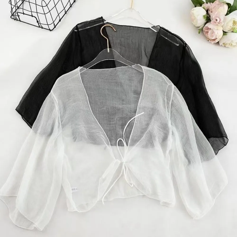 Summer Crinkle Women Cardigan Loose Transparent Short Shawl Chiffon See Through Thin Section Top Small Jacket