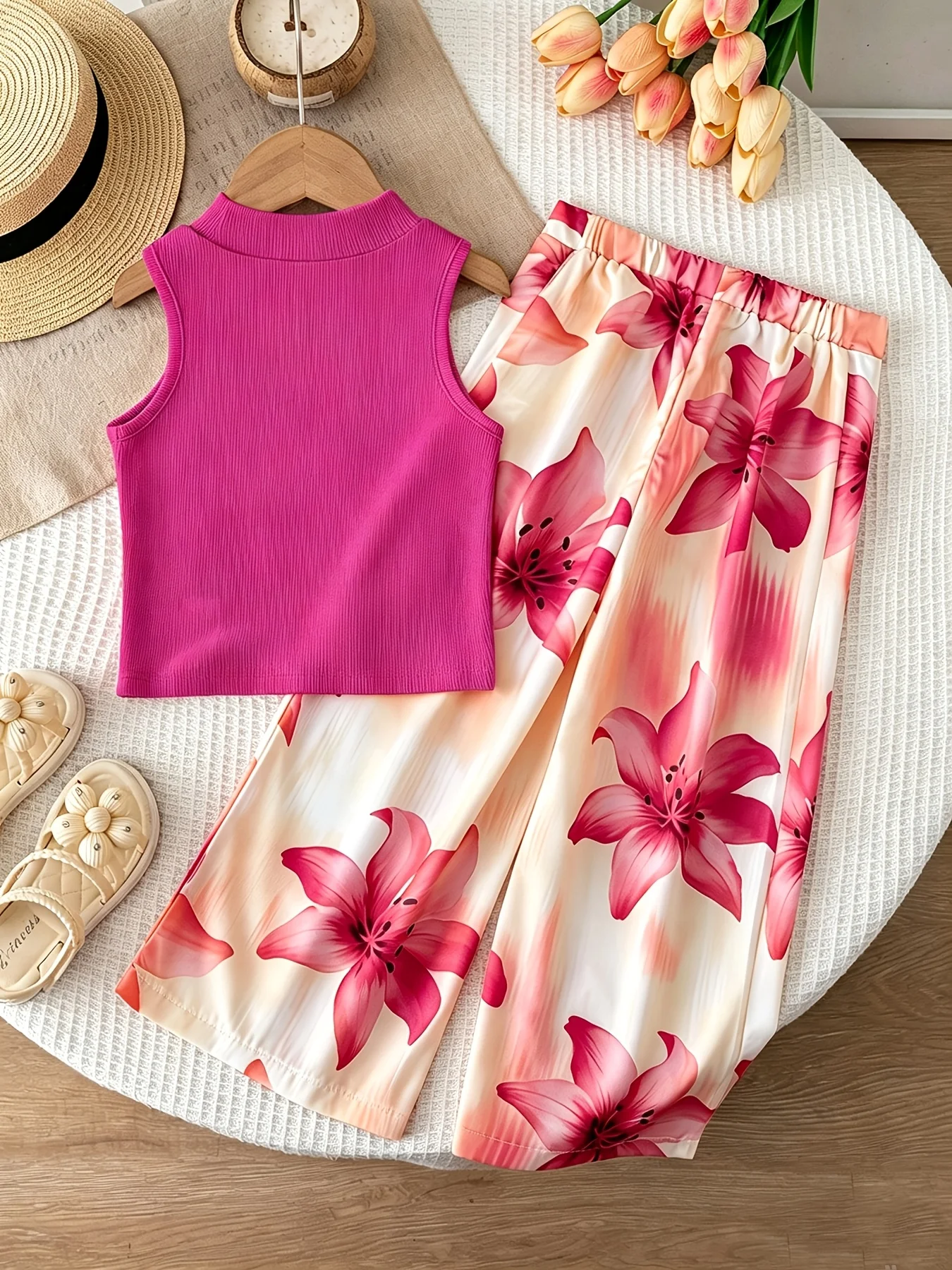 Sommer-Zweiteiler für Mädchen: Magenta ärmelloses Oberteil mit Stehkragen und weit geschnittene Hose mit großem Lilien-Print – Stilvolles Outfit – Detail 2