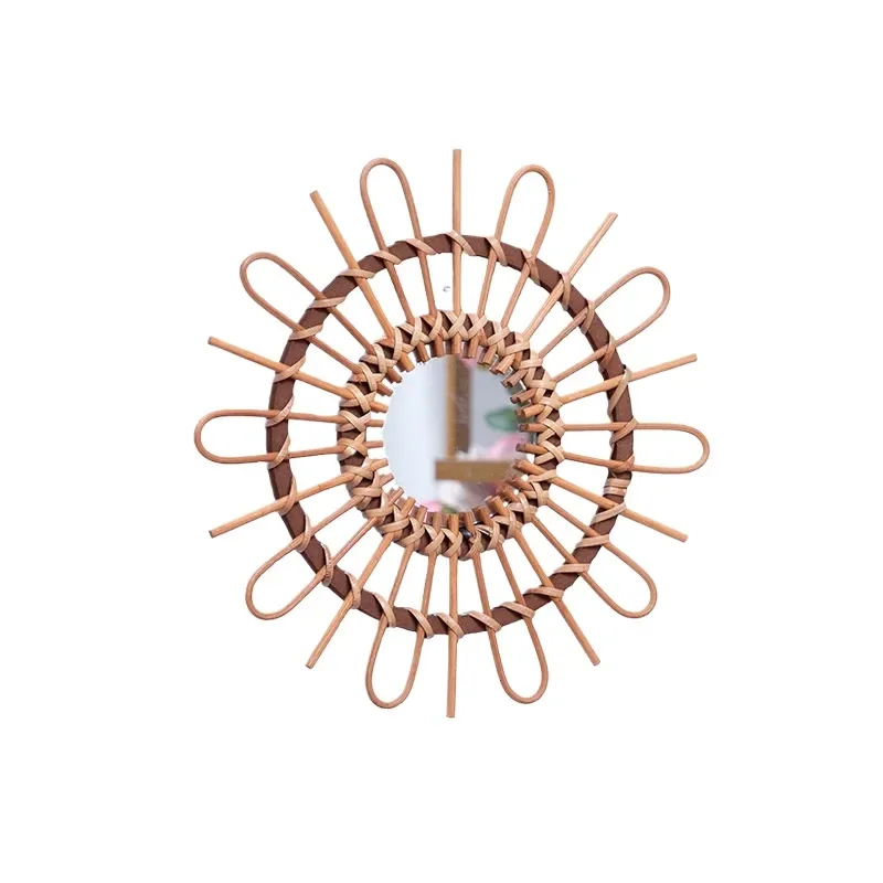 Nordic Handwoven Rattan Wall Mirror Decorative Hanging for Living Room Hotel Soft Furnishing