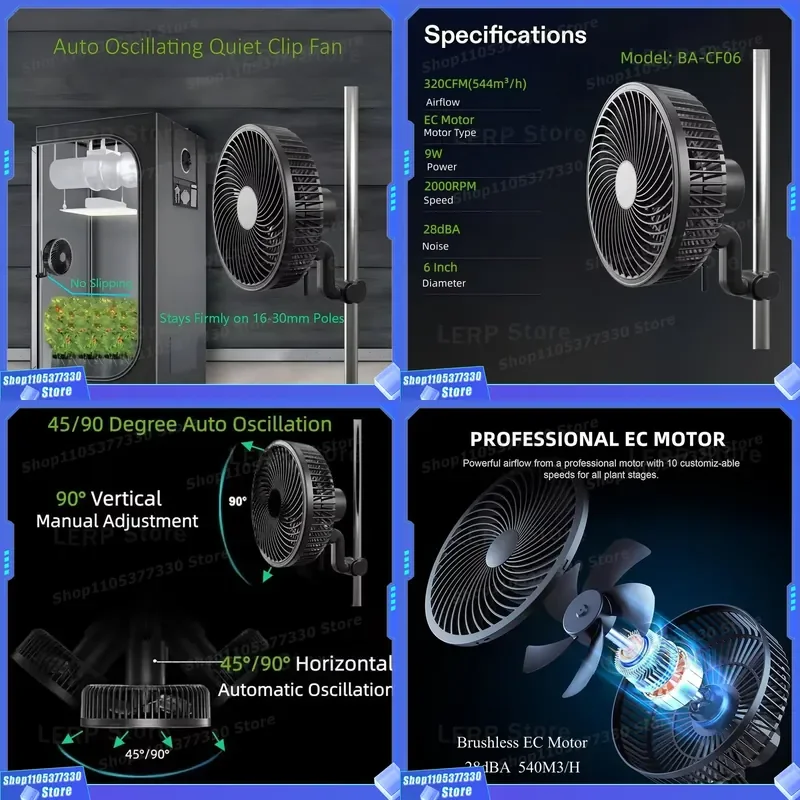 BAVAGREEN Silent EC Motor Oscillating Clip Fan 10 Speed Intelligent Control IP54 Waterproof for Indoor Plants Growing Tent