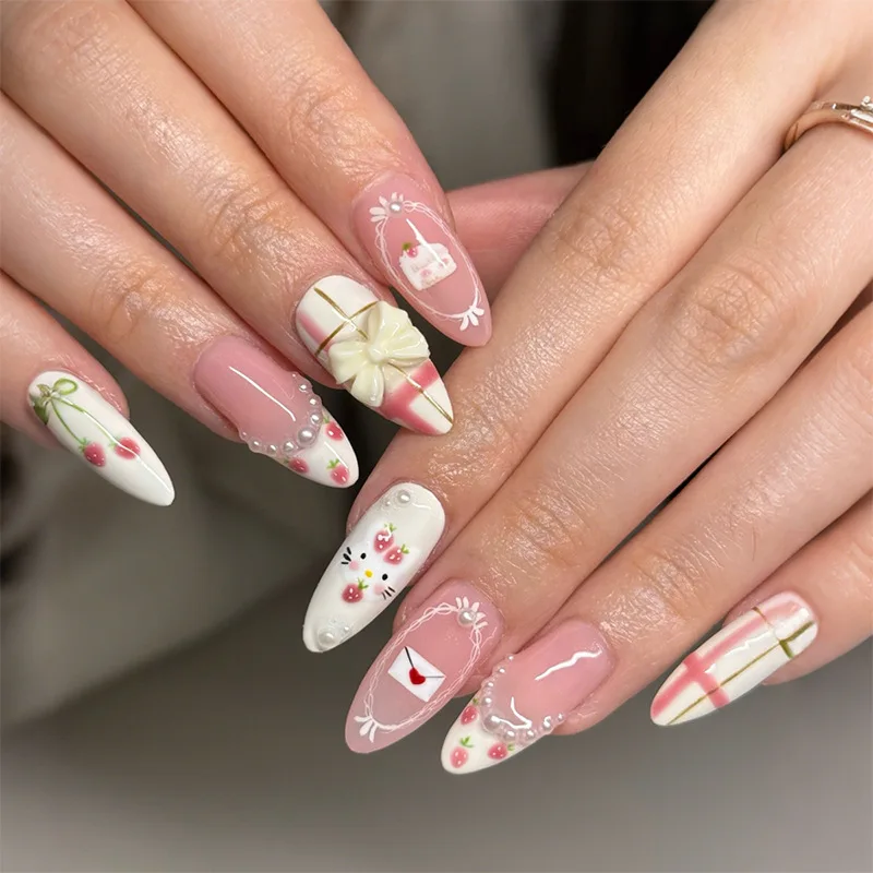 

24PCS 3D Bowknot Pearl Wearable Press on Nails with Pink Strawberry Design French Fake Nail Loving Girls Sweet Almond False Nail