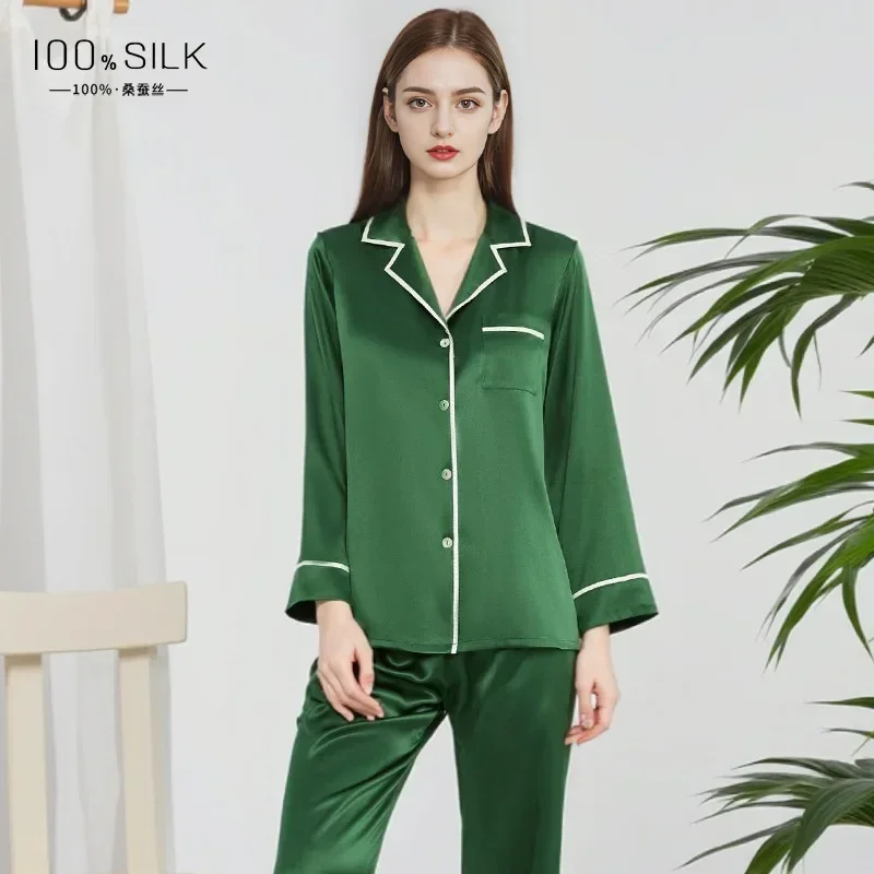 

19 Momme 100% Mulberry Silk Pajamas Set Sleepwear Solid Color Long Sleeve Trousers Home Suit Pijama Women Home Suit Lingerie PJ