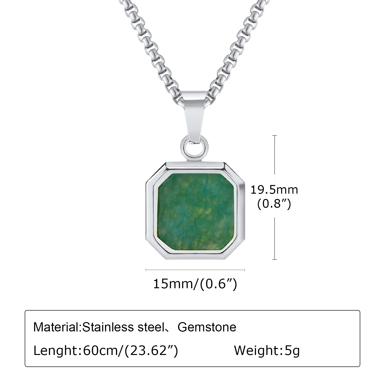Vnox Square Natural Stone Necklace for Men Women, Stainless Steel Geometric Pendant Collar with Box Chain Gifts Jewelry