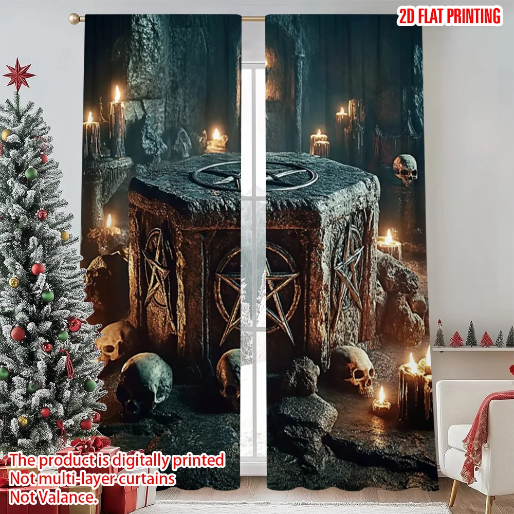 

2pcs 2D flat printing Merry Christmas Popular Window Drapes ancient altar Machine Washable Polyester Without Electricity Family