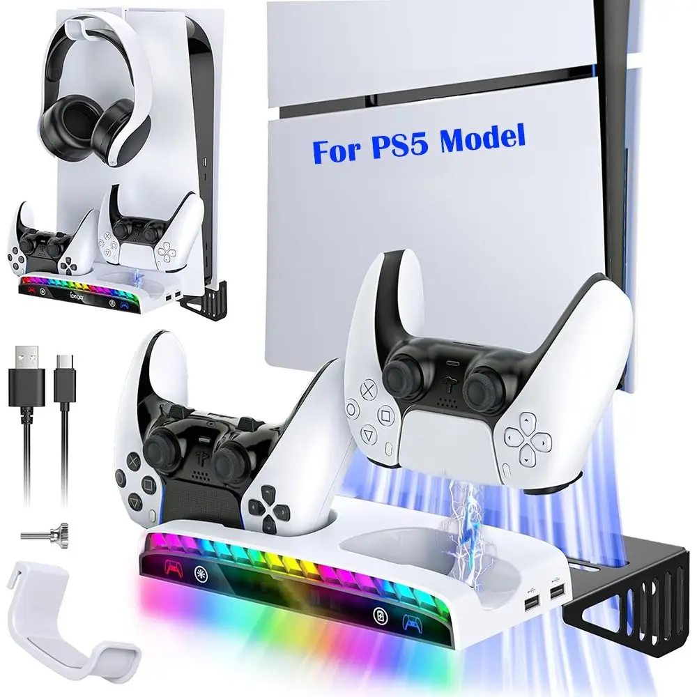 RGB Light Wall Mount Kit Hanging Dual Controller Charging Station for PS5 PRO/SLIM/Original Disc & Digital Edition