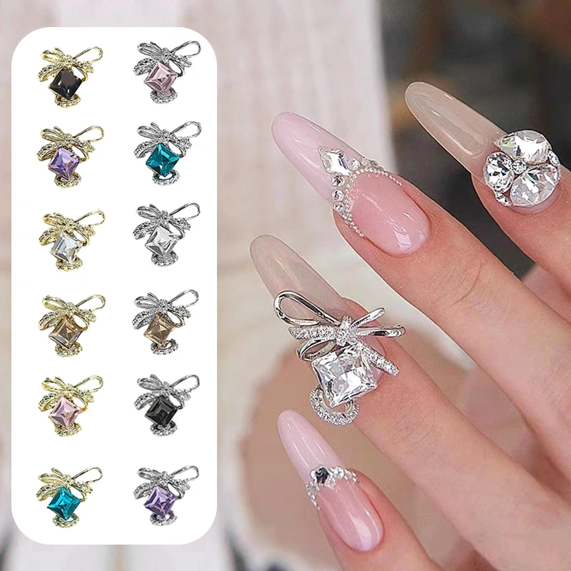 3Pcs DIY Nail Art Decoration 3D Bowknot Nail Art Charm Square Rhinestones Crystal Nail Drill For Manicure Design Accessory