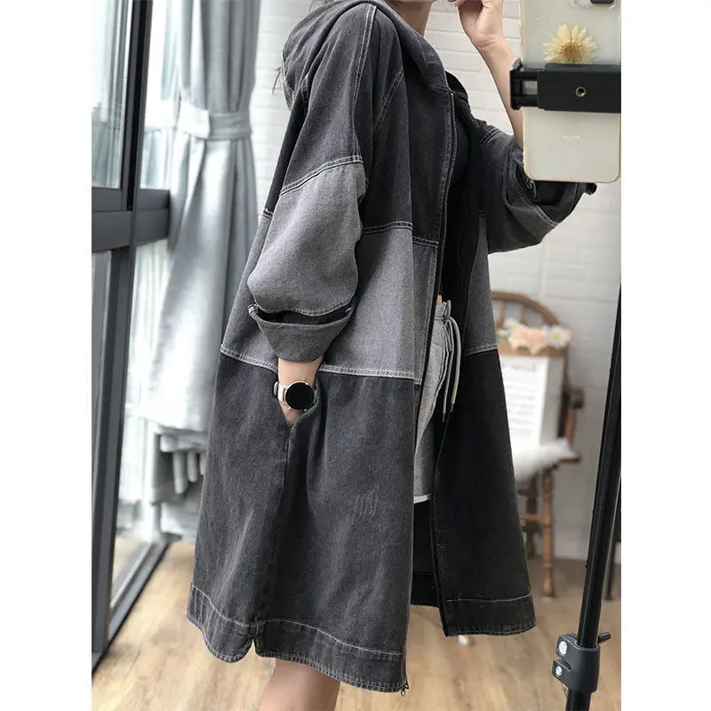 Korean Style 2022 New Arrival Spring/autumn Women Casual Cotton Denim Hooded Long Trench Zipper Long Sleeve Patchwork Coat P492