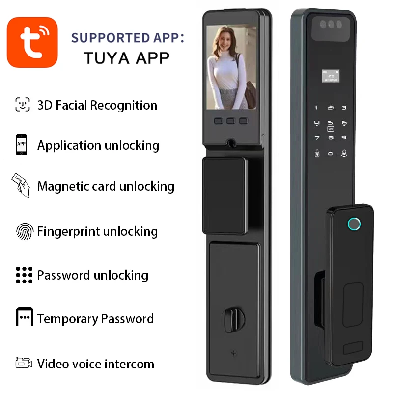 Tuya Voice intercom 3D Facial Recognition App WIFI Password Fingerprint Card Portable Visual Doorbell Electronic Door Lock