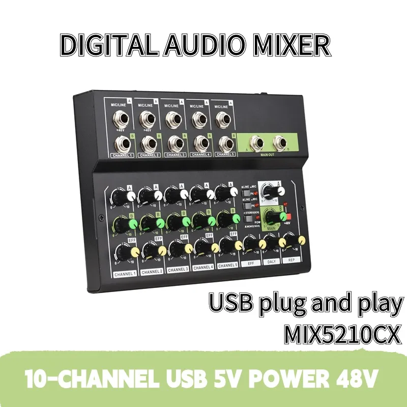 10 Channel Mixing Console Digital Audio Mixer Stereo Mic/Line Mixer with Reverb & 48V Phantom Power 10 Channel Sound Table