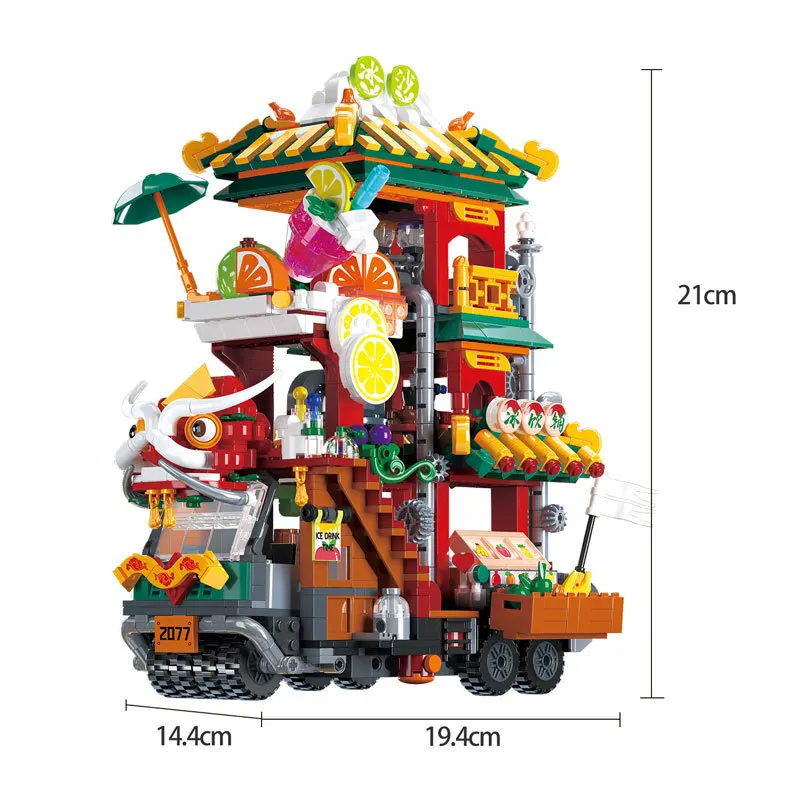 Creative Streetscape Architecture Ice Drink Van Mini Block City Street View China Kylin Turck Figures Building Bricks Toys