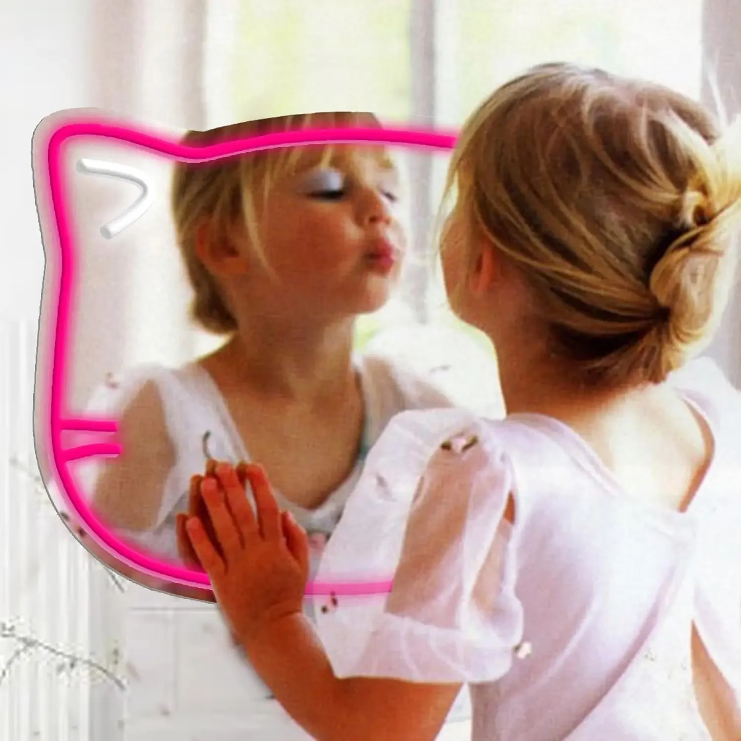 Cat Mirror Neon Sign LED Wall Art USB Powered Acrylic Glow Lamp Pink Kitty Theme Decor Home Bedroom Vanity Beauty Salon Light