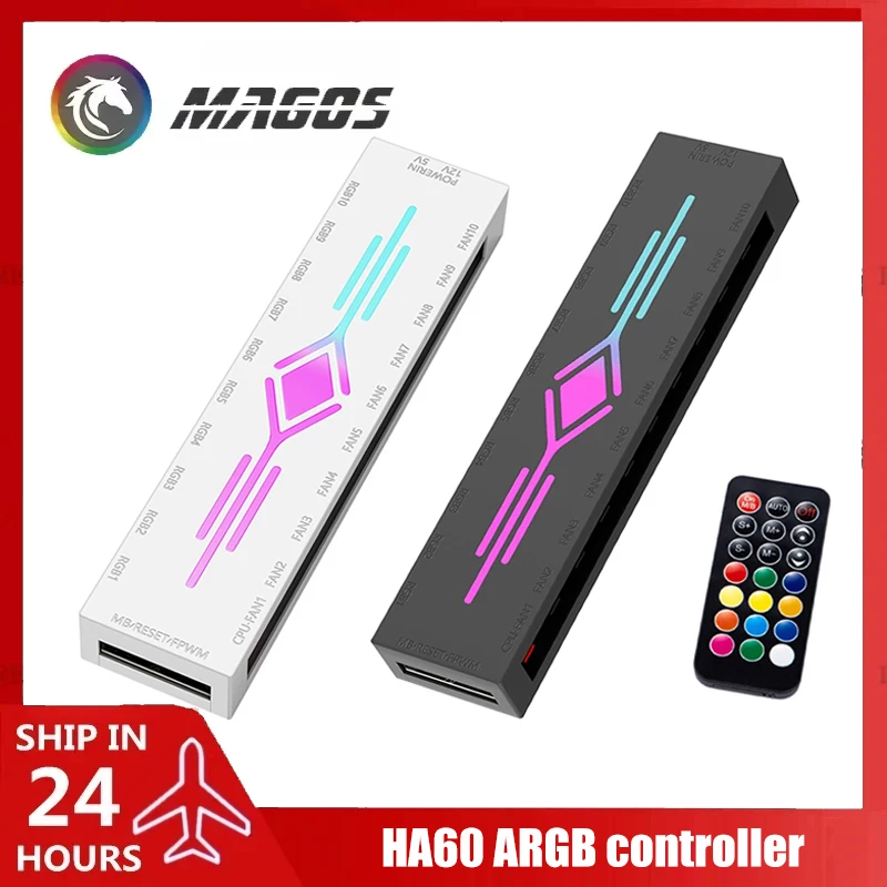 HA60 ARGB&FAN HUB X10 5V 3Pin + PWM 4Pin 2 IN 1, Support M/B AURA SYNC & Music Induction & IR Remote Control, Black/White