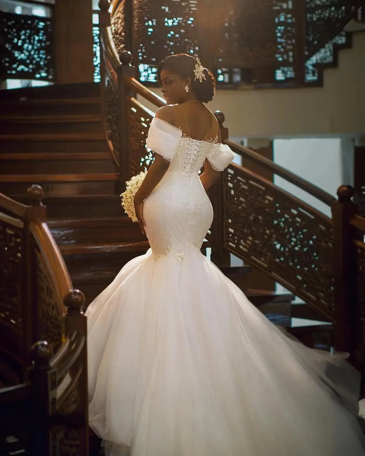 Vestido De novia personalizado con cuentas y hombros descubiertos, batas De novia con espalda De corsé, vestido De novia De sirena De talla grande