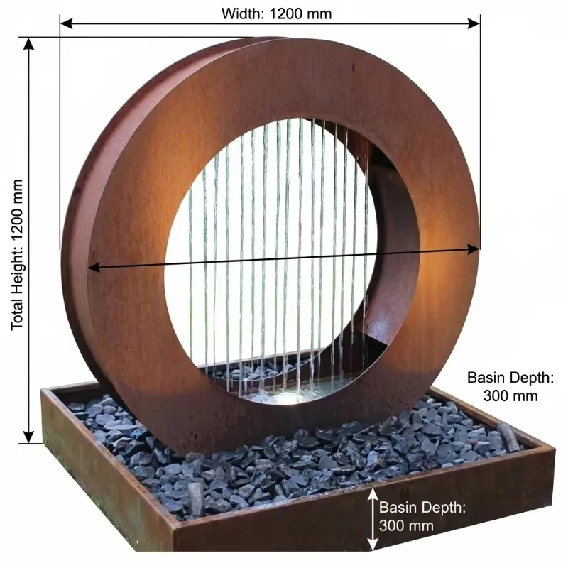Weathering Steel Circular Ring Water Curtain Flow Ornament Square Base Outdoor Patio Garden Landscape Craft Furnishing