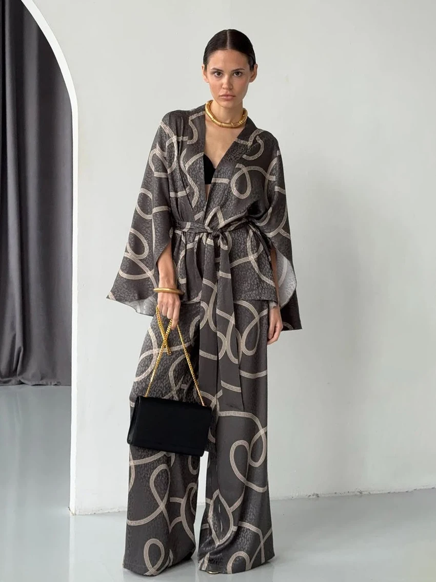 

Marthaqiqi Printing Female Sleepwear Set Long Sleeve Robe Sexy V-Neck Pajama Lace Up Nightgown Pants Casual Women Nightwear Suit