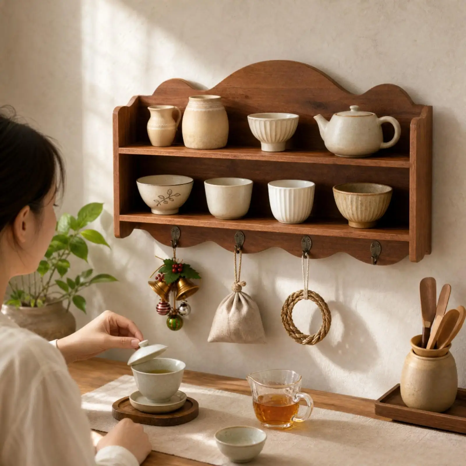 Pine Wood Wall Shelf with Hanging Hooks for Coffee Cup Organizer and Countertop Decor Rack