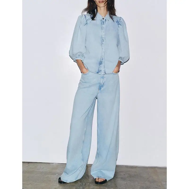جينز صيفي بياقة منتفخة Sve Denim irt عالي الخصر وواسع الساق بتصميم بسيط جينز نسائي غير رسمي من Faion ort Sve irt