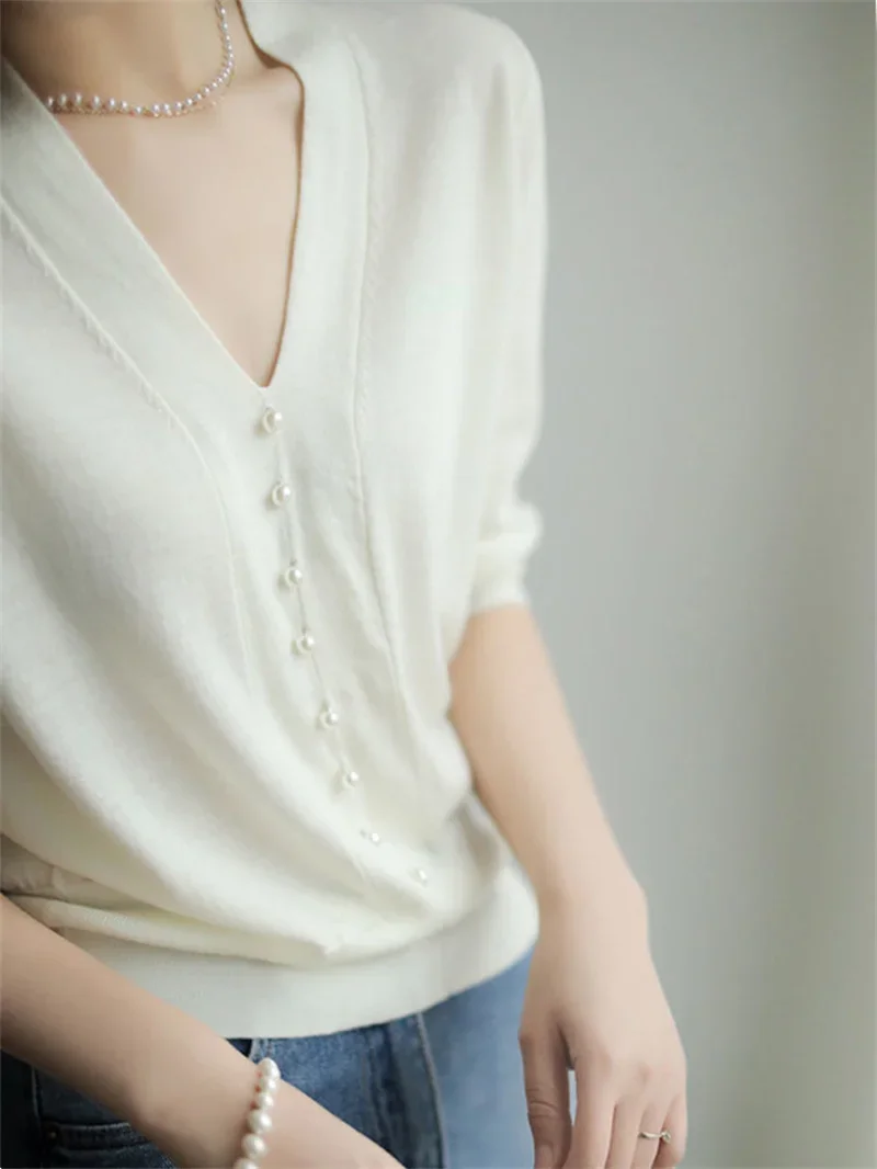 ニットウェア新しいビーズ V ネックニットセーター女性プルオーバー半袖ニットセータープルオーバー女性トップスセーター Feminino G17