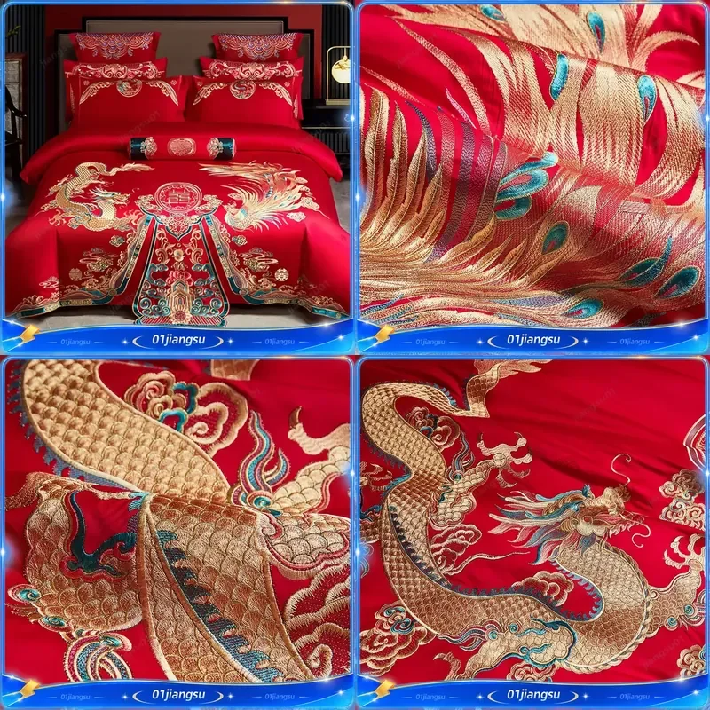 100 140CT Long Staple Cotton Duvet Cover Set 4pcs Chinese Style Wedding Bedding Festive Red Home Decor Love Gift High Thread