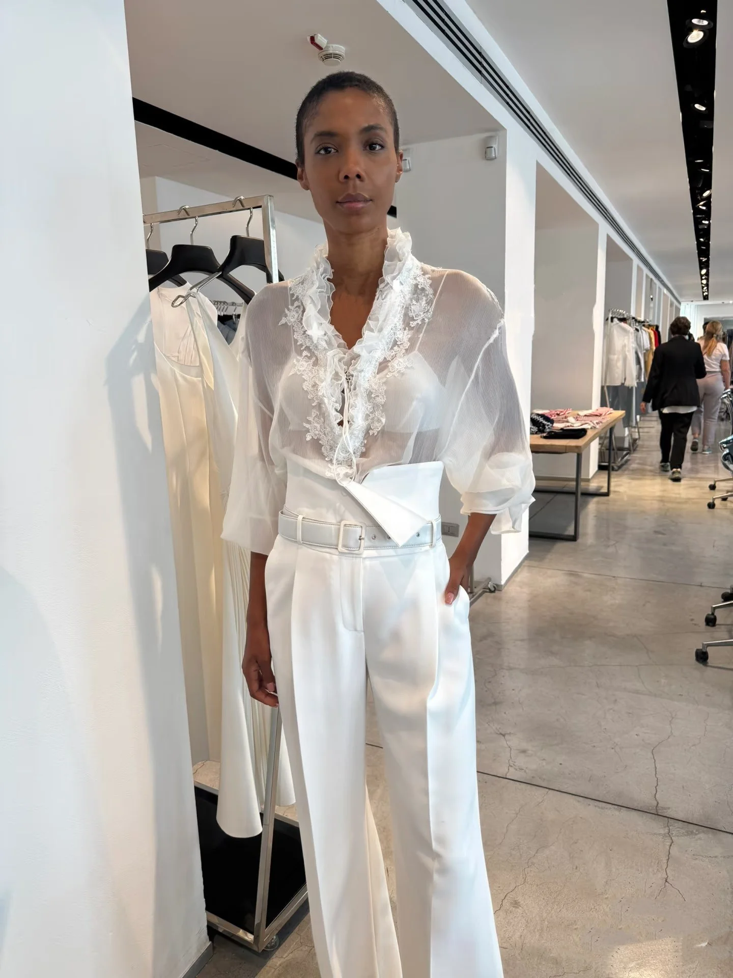 

Elegant White Silk Lace Embroidered Shirt Two-Piece Set See through Design Long Sleeve V-Neck Women's Commute Style Fashion