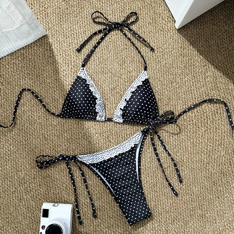 Bikini Swimsuit Women 2026 Cute Sexy with Tie Straps Small Chest Gathering Polka Dot Two-piece Triangle Swimsuit Vacation Spring
