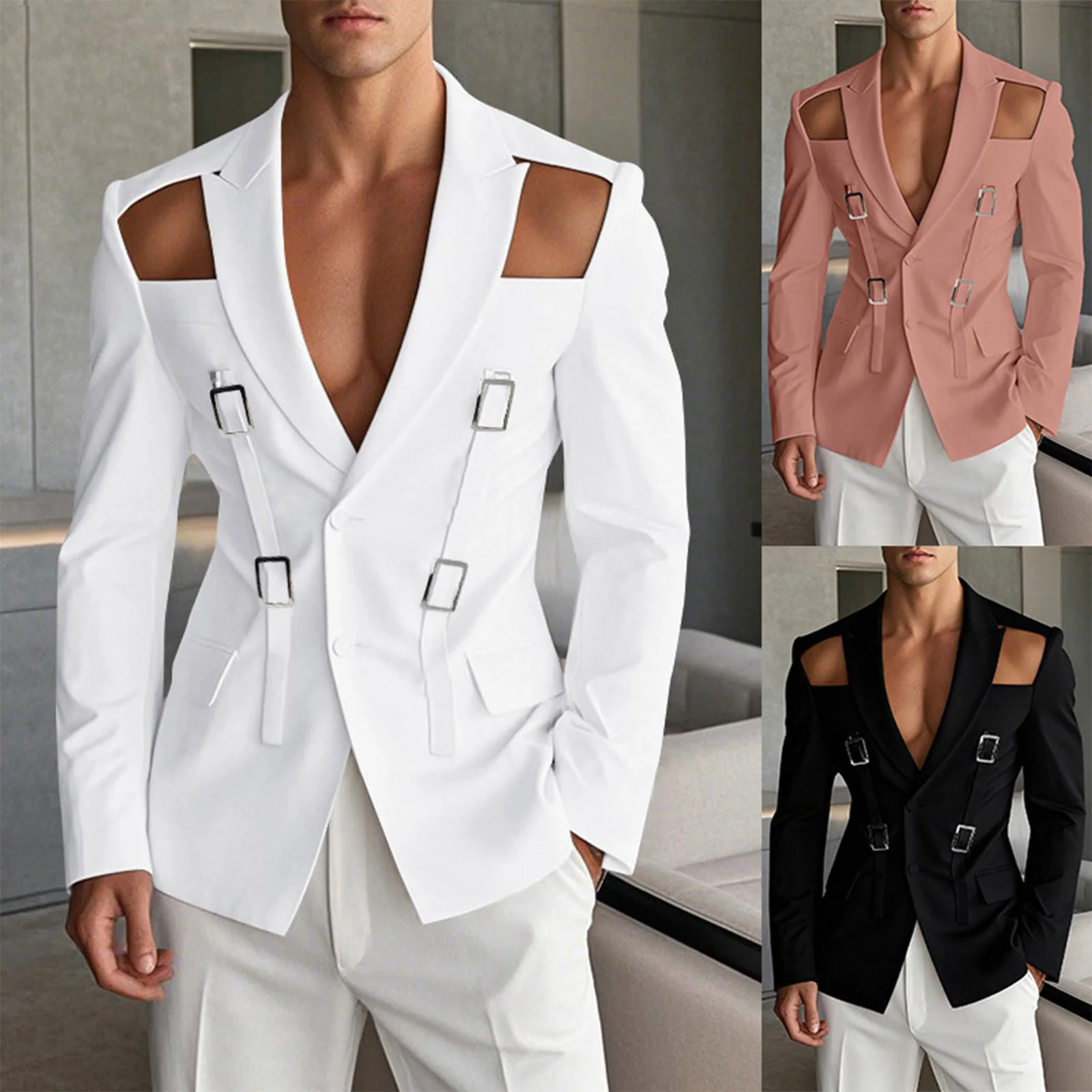 

Men Fashion Cutout Shoulder Blazer Coat Metal Buckle Decor Lapel Long Sleeve buttons Suits Jacket Coat for Party Music Festival