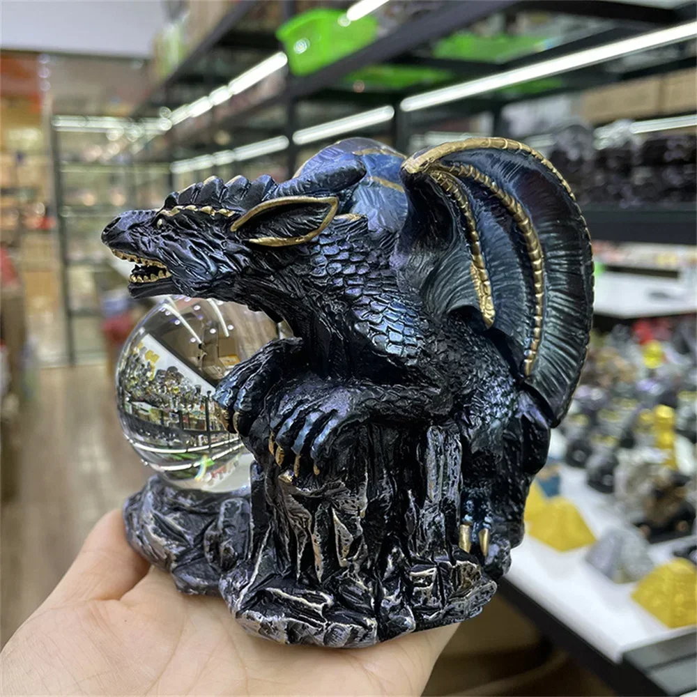 Giant Dragon Guardian Perched on Crystal Ball Figurine Retro Sphere Crafts Display Stand Office Wine Cabinet Desktop Ornament