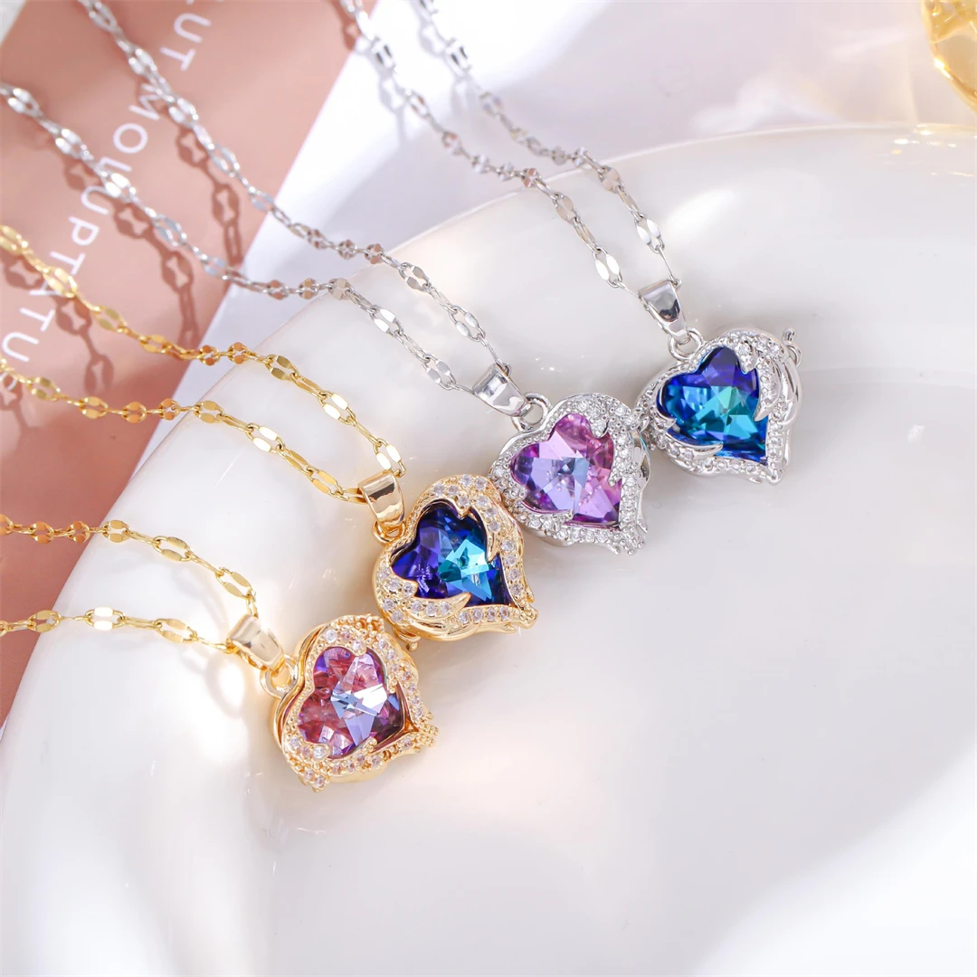 Luxury Colorful Crystal Ocean Heart Pendant Necklace For Women Korean Fashion Stainless Steel Neck Chain Female Wedding Jewelry