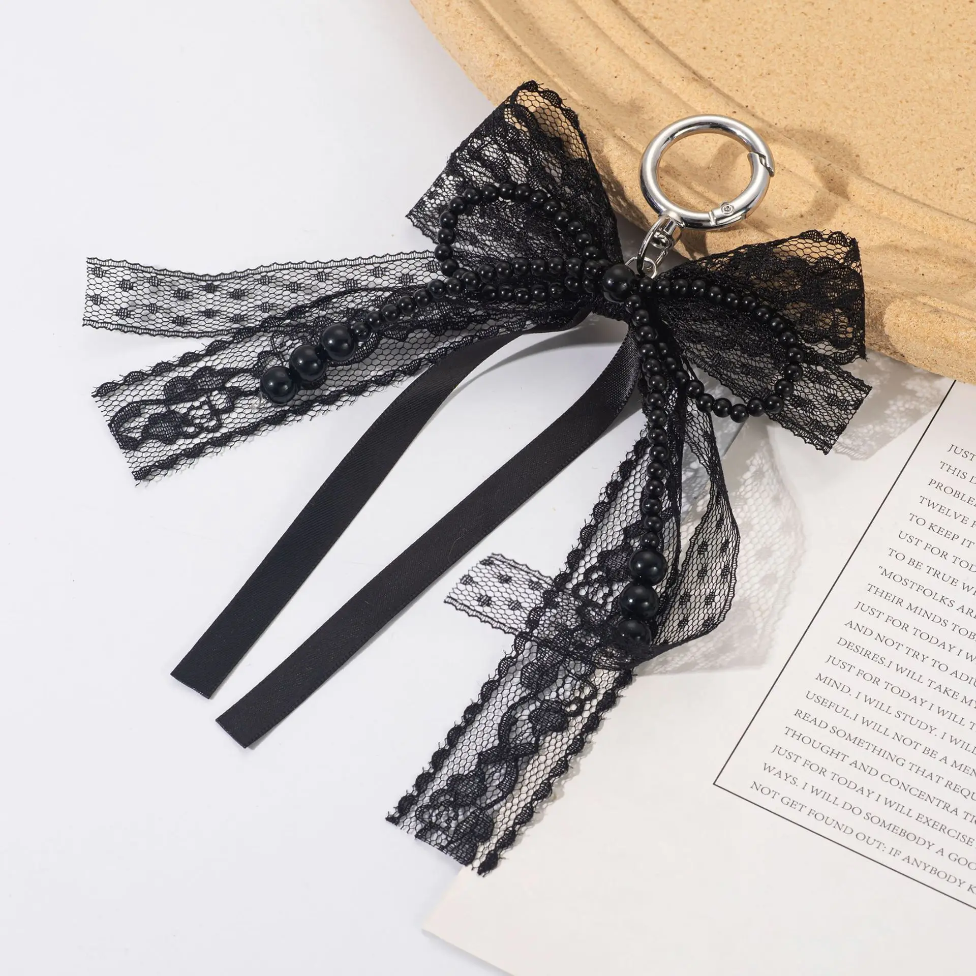 Fashion Black Lace Bow Keychain New Exquisite Bow Bead Ribbon Design Y2K Handbag Accessories Birthday Gift