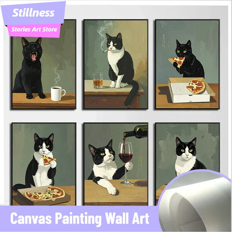 Stillness Stories  frameless Vintage Funny Black Cat Smoking/Drinking Coffee/Eating Pizza Dark Humor Poster Canvas Painting Wall