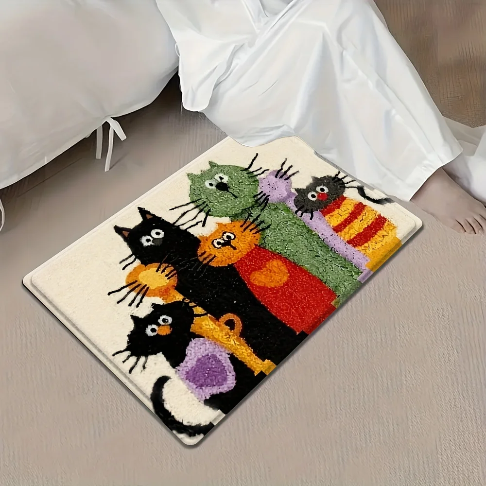 1 Fun Cat Doormat with 6 Colorful Cartoon Cat Designs - Black, White, Green, Orange, Purple, Pink And Brown Tabby Texture - Du