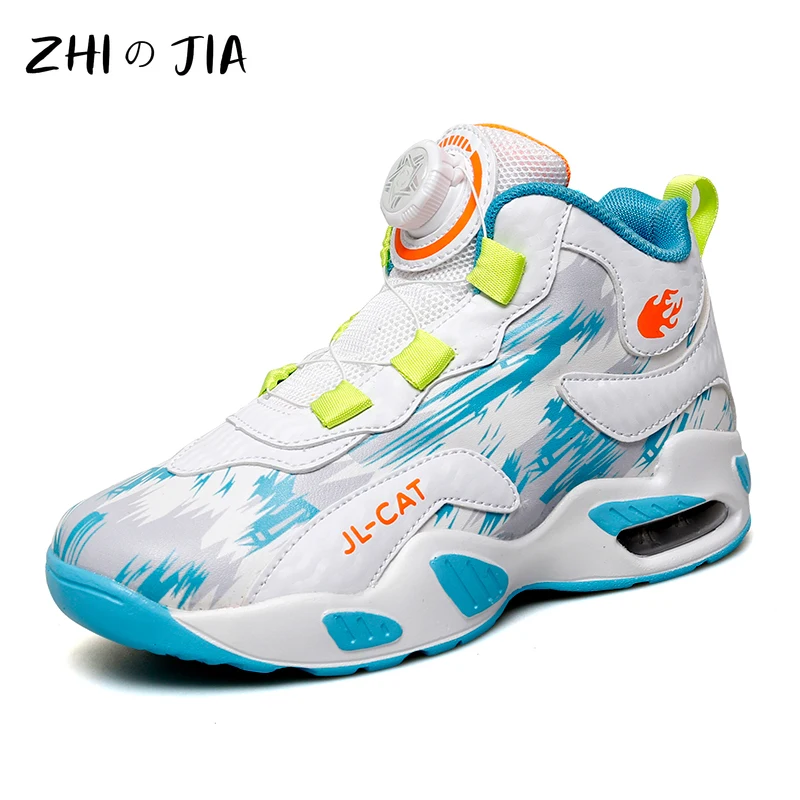 Children's Rotating Buckle Leather High Top Basketball Shoes Students Outdoor Sneaker Boys Girls Air Cushioned Running Footwear