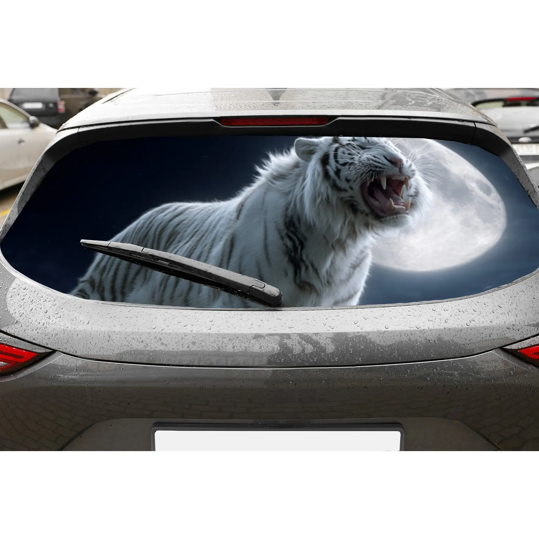Moonlit Roaring White Tiger PVC Perforated Car Vinyl Wraps, Durable Car Rear Windshield Sticker, Waterproof Car Rear Window Deca