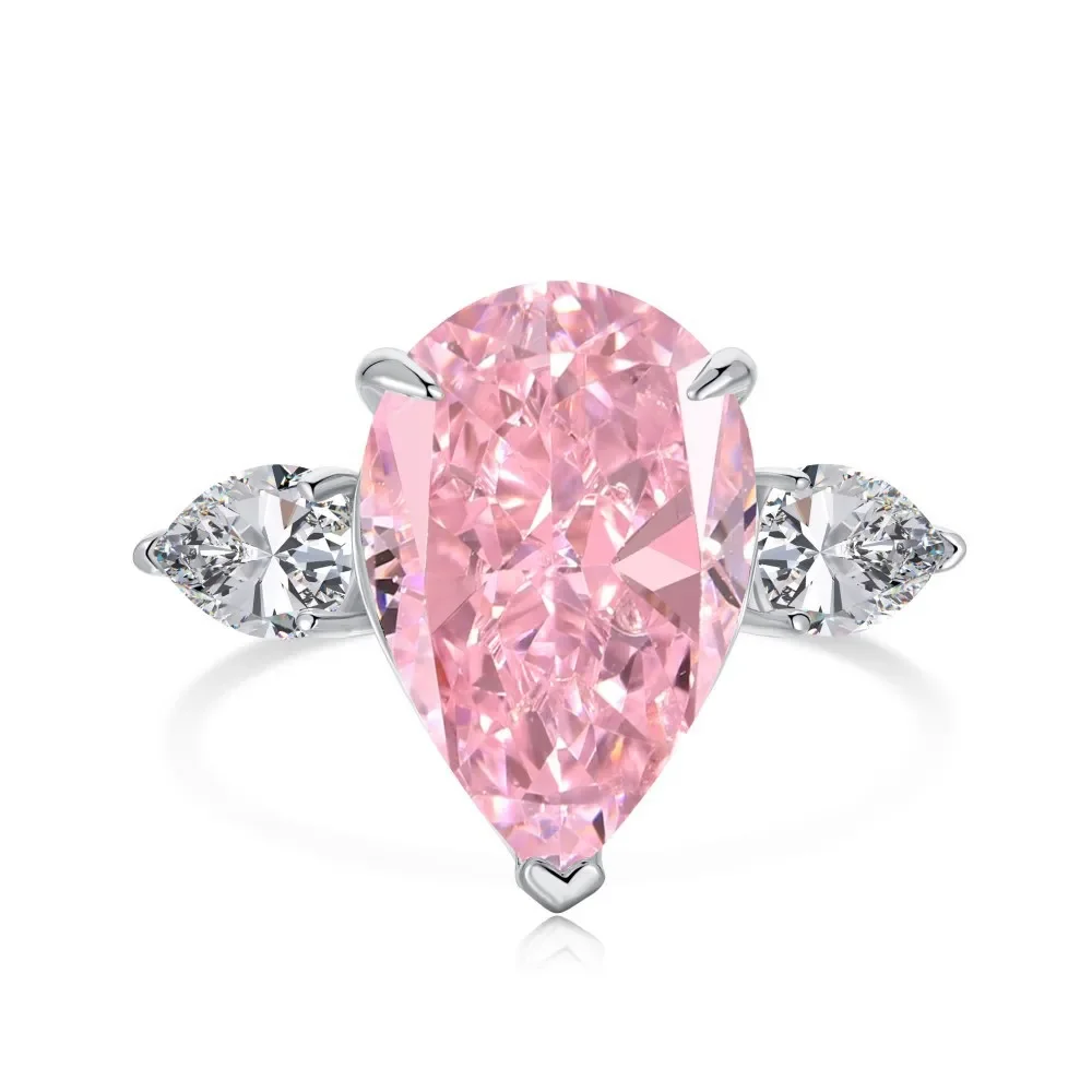 

S925 Sterling Silver French Elegant Casual Style Premium 8A Ice Zirconia Pink Droplet Ring Wedding