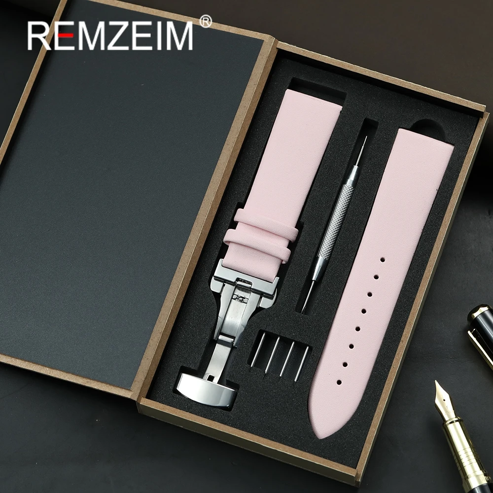 Ultradünnes Ersatz-Uhrenarmband, 18 mm, 20 mm, 22 mm, Uhrenzubehör, Lederarmband mit Schmetterlingsschnalle und Geschenkbox-Verpackung