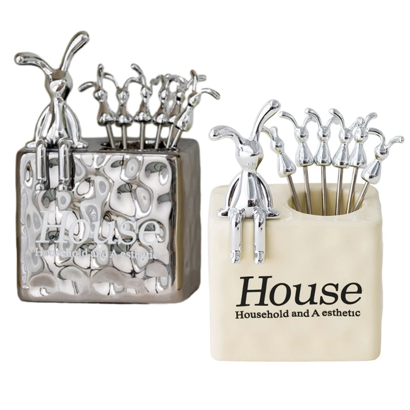 

Stainless Steel Fruit Fork Set with Unique Holder Rabbit Dessert Forks Cake Forks Perfect for Home Dining and Parties