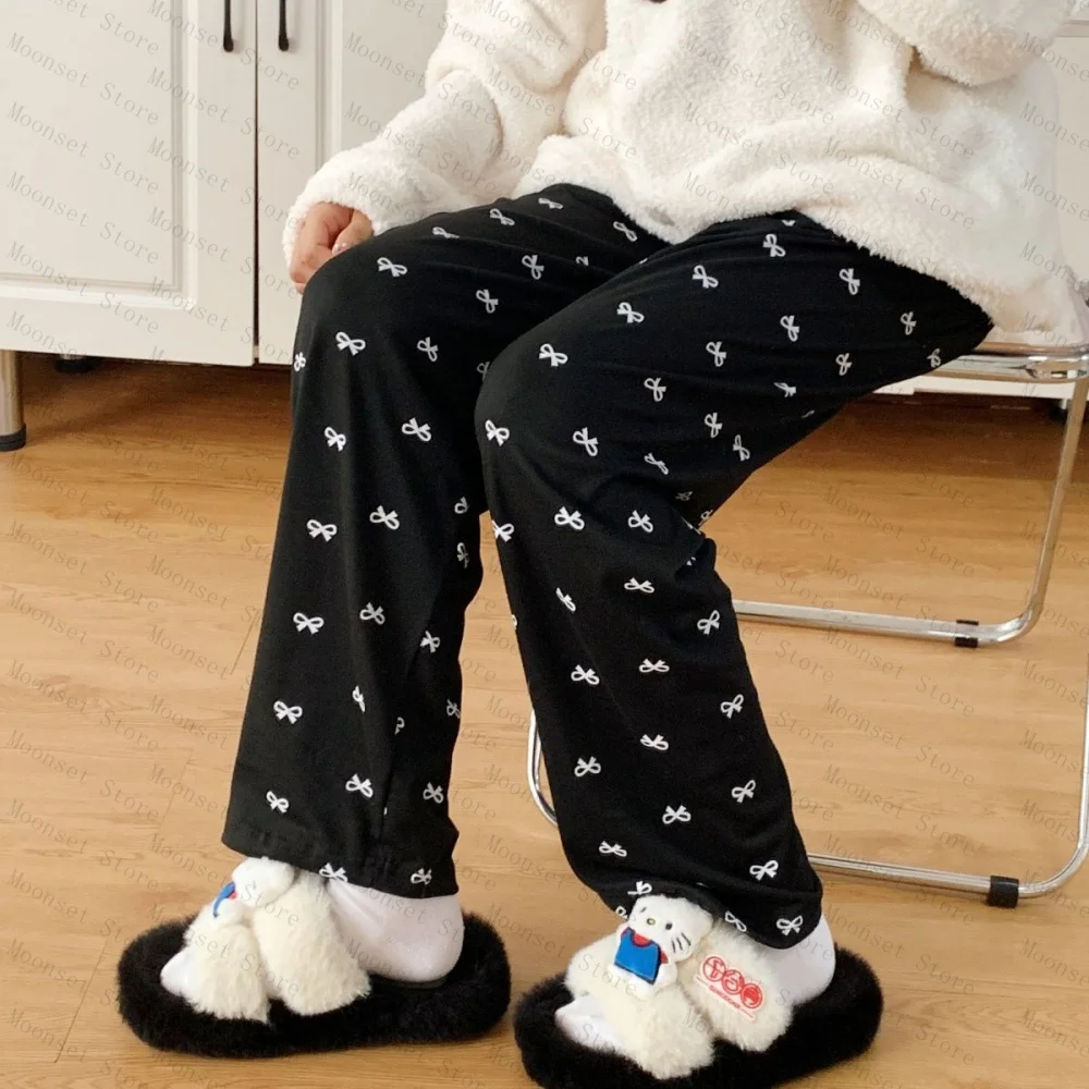 Calças femininas plus size e soltas para casa com laços e calças de pijama podem ser usadas como agasalhos em casa na primavera, outono e inverno