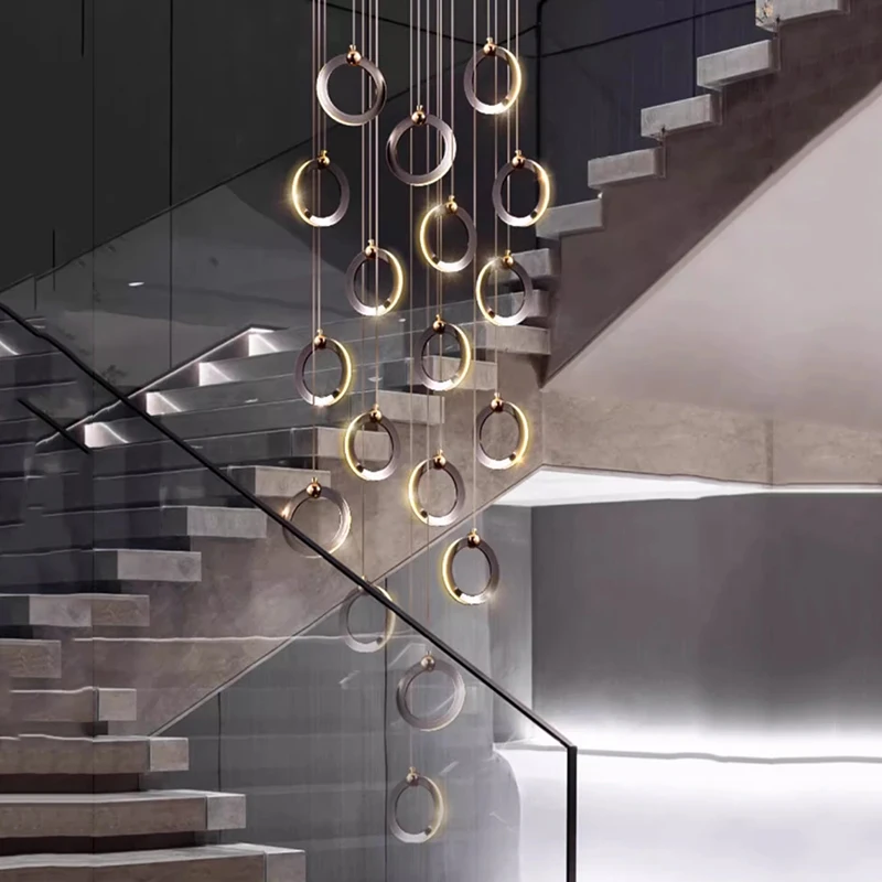 

postmodern black lgold ring chandelier Ceiling light-emitting diode lustre APP with RC Dimmable for staircase villa decoration