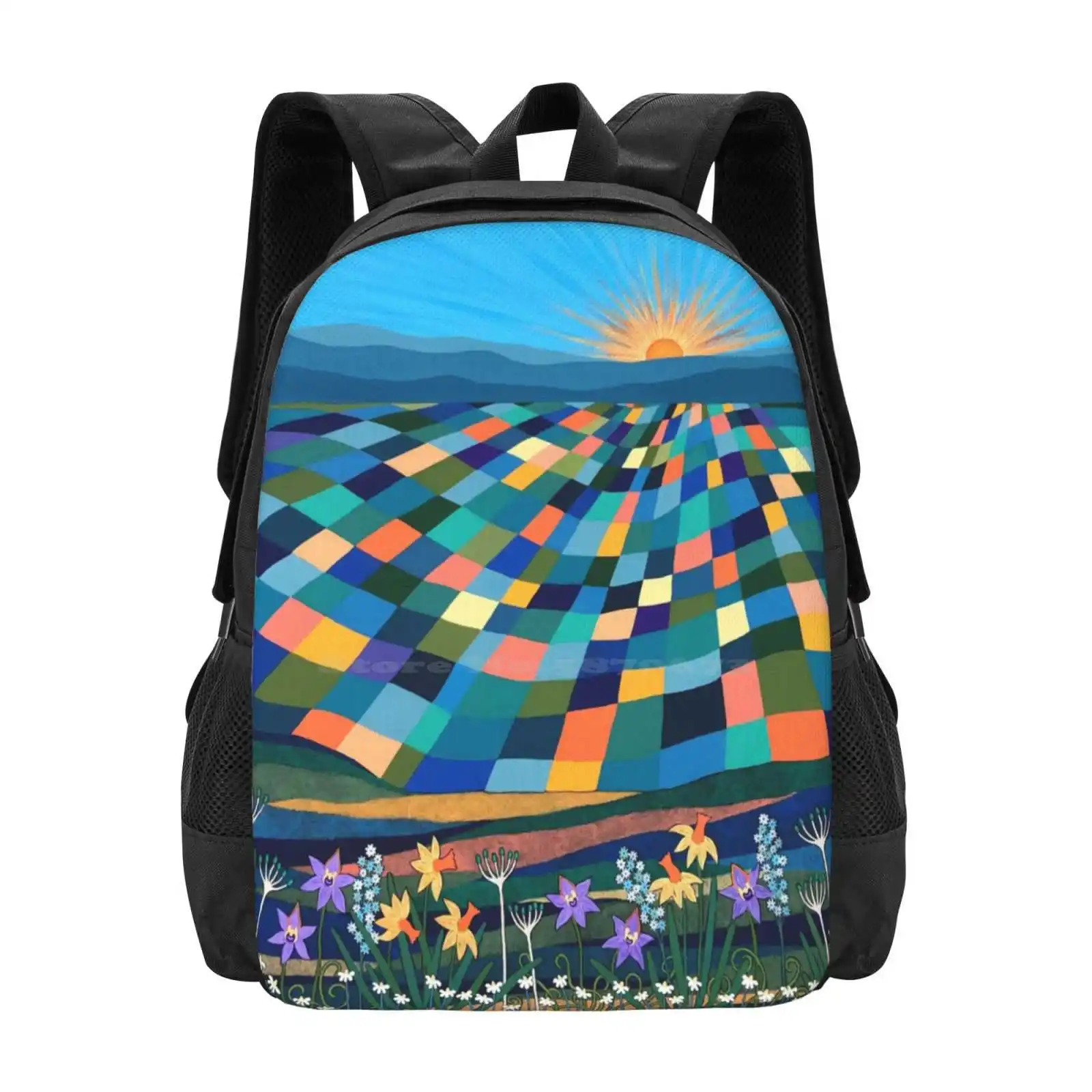 Bright Sun Shiny Day Pattern Design Laptop Travel School Bags Day Landscape Abstract Modern Contemporary Patchwork Hills