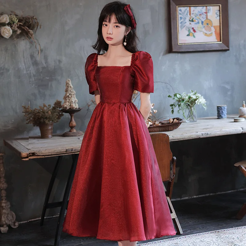 Women Puff Sleeve Square Collar Puff Sleeve Casual Summer Dress Formal Birthday Party vestidos Burgundy Simple Prom Dress