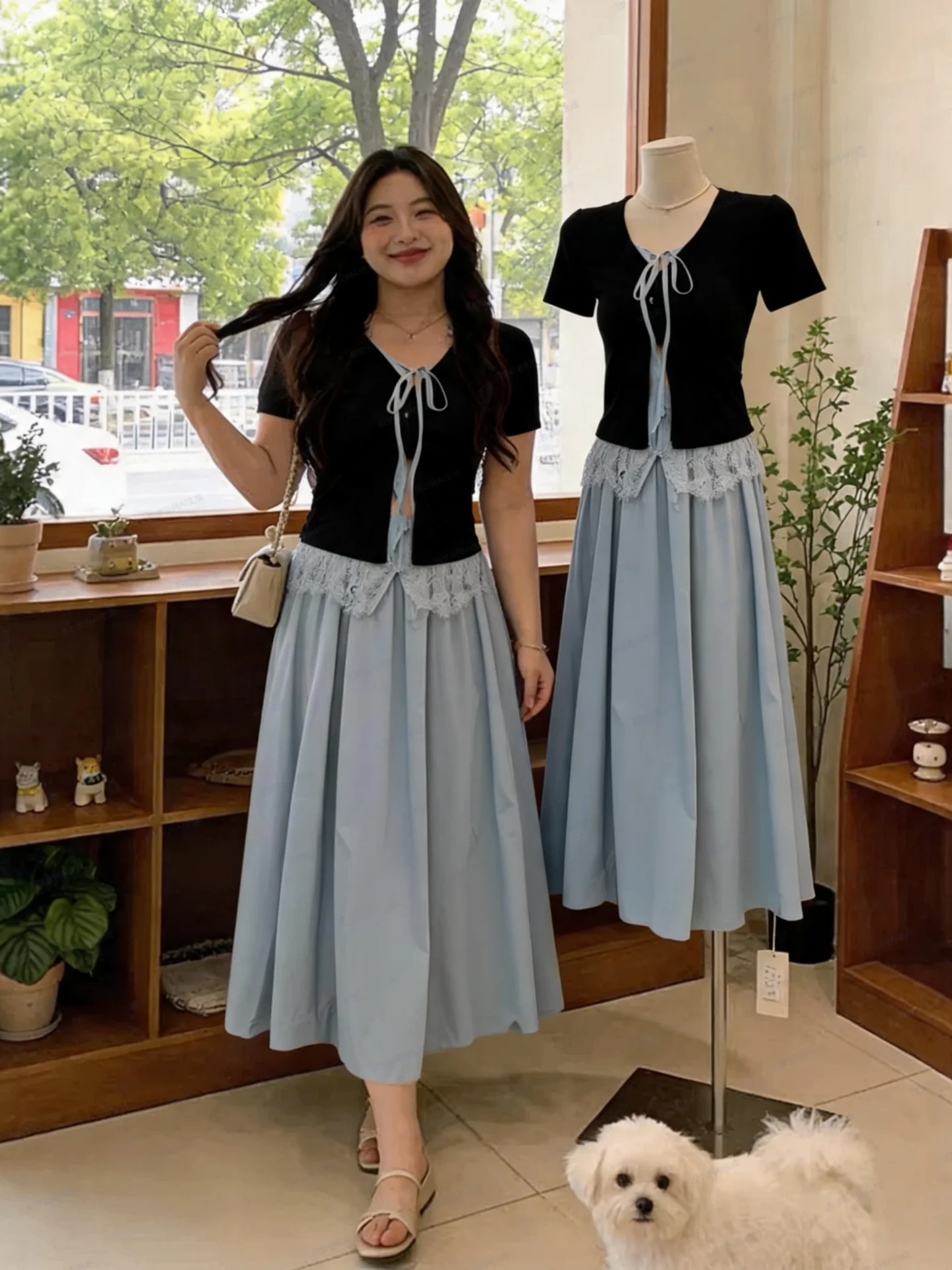 

Slimming Lace Patchwork High Waist A-Line Skirt And Top Set Women's Summer Anti-Aging Design Sense Korean Style Commute Dress