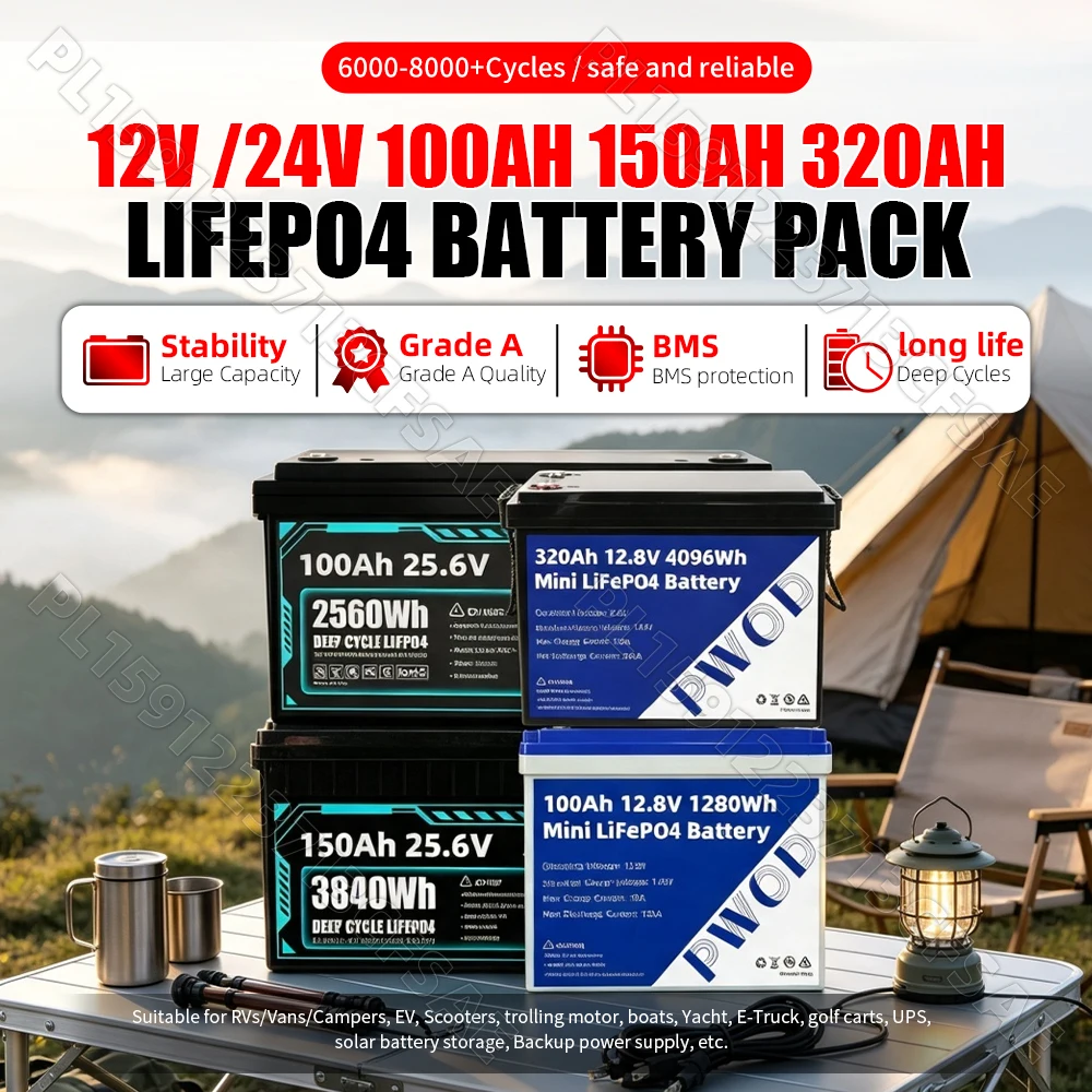 Batterie au lithium LiFePO4 24V 100AH 150Ah 12V 320AH, BMS intégré, batterie LFP rechargeable, pour camping-car/camping, solaire, marine, overland/van, hors réseau