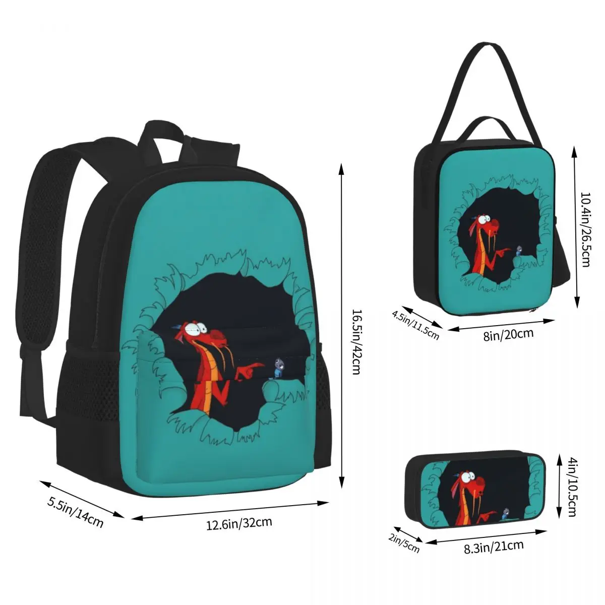 Mushu จาก Mulan กระเป๋าเป้สะพายหลังชายหญิง Bookbag นักเรียนโรงเรียนกระเป๋าการ์ตูนเด็ก Rucksack ถุงอาหารกลางวันกระเป๋าปากกาชุดสามชิ้น
