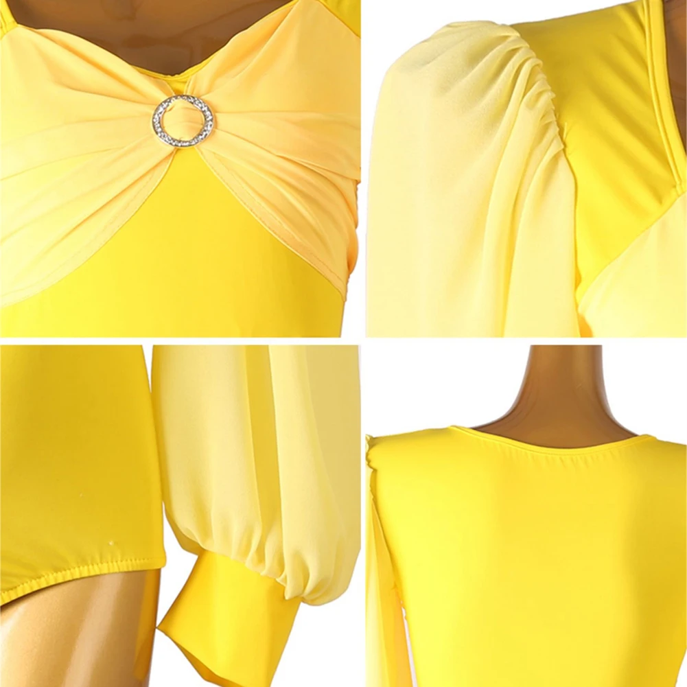 ملابس الرقص النسائية قميص ملابس الرقص اللاتينية المرأة ساحة الرقبة الجسم أعلى كم طويل أصفر سامبا جديد التانغو وصول جديد