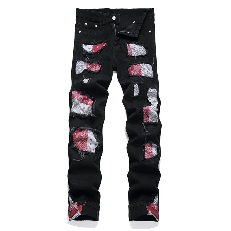 New Winter Fashion Black Jeans Fashion Printed Stick Cloth Trousers Mid-Waist Casual Straight Leg Men's Casual Pants