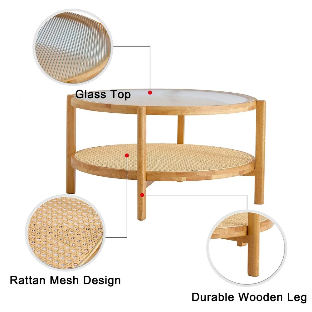 Round Coffee Table with Glass Tabletop & Rattan Woven Shelf 2-Tier Coffee Table