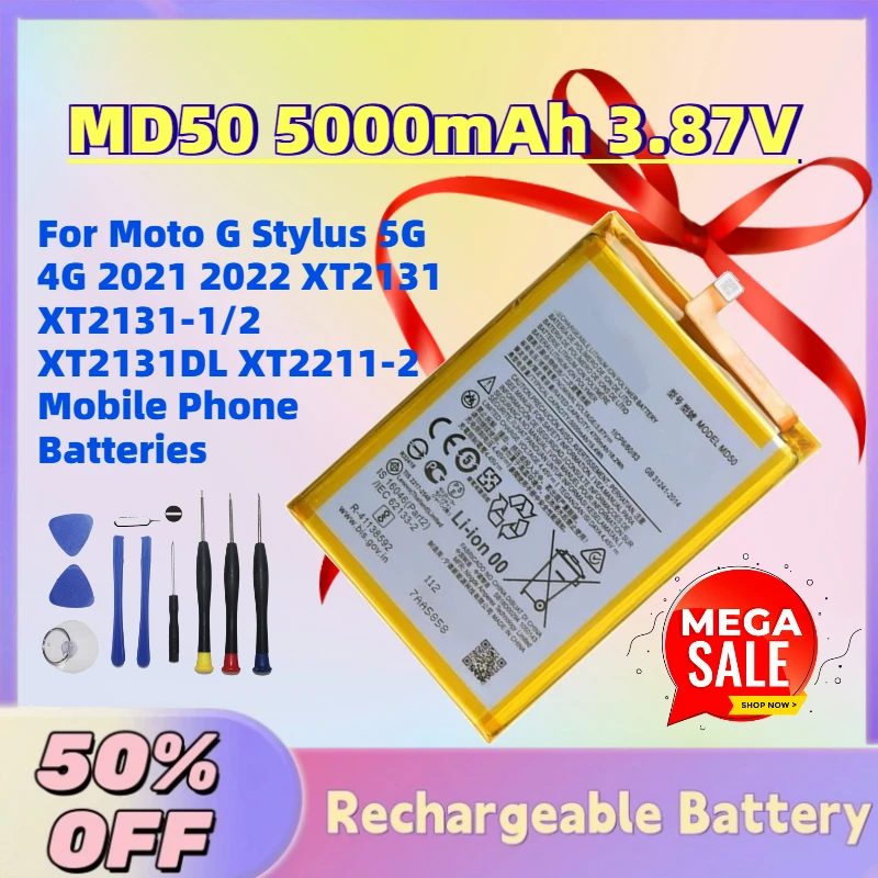 

Upgrade MD50 5000mAh 3.87V Battery for Moto G Stylus 5G 4G 2021 2022 XT2131 XT2131-1/2 XT2131DL XT2211-2 Mobile Phone Batteries