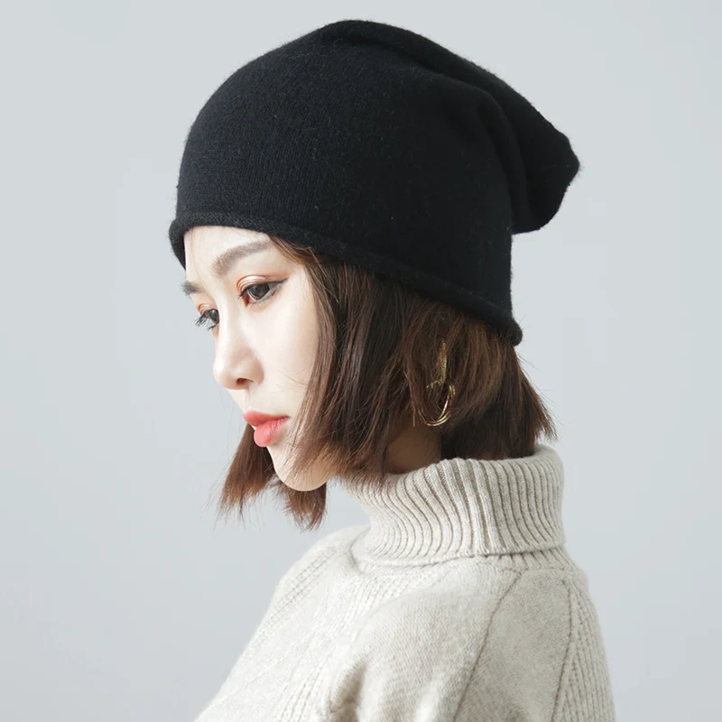 Women 30% Cashmere Beanies Simple Solid Caps Rolled Hem Hat Blends Soft Thin Knit Hat Wool Winter Spring Warm Sleep Hair Bonnet