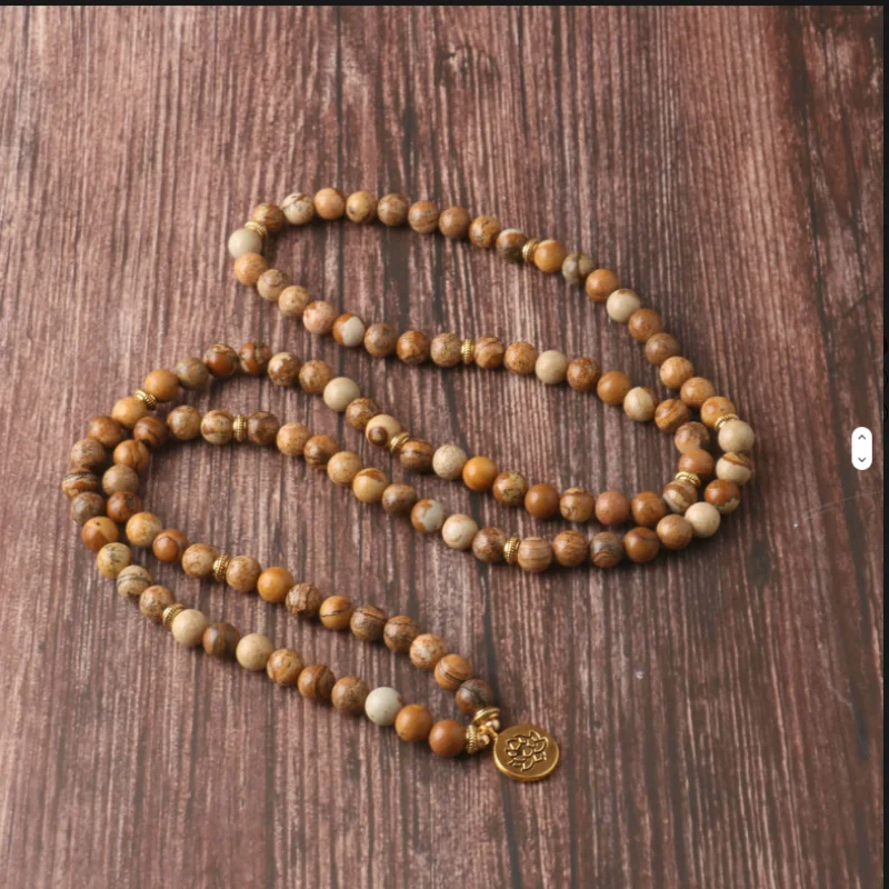 108 Beads Mala Prayer Necklace Natural Stone Picture Japer Healing Necklace Grounding Meditation Spiritual Protection Necklace