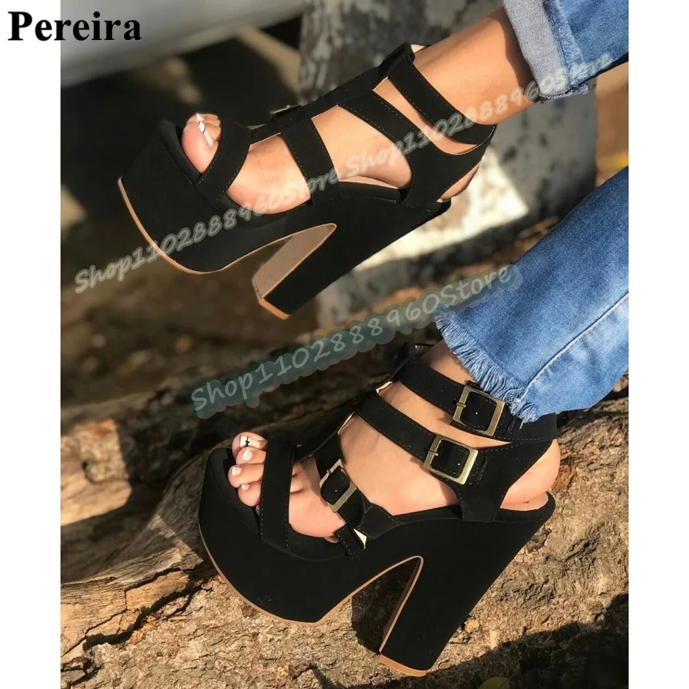 

Trending Black Flock T Strap Platform Sandals Chunky High Heel Shoes For Women Buckle Strap Open Toe Stylish Zapatos Para Mujer
